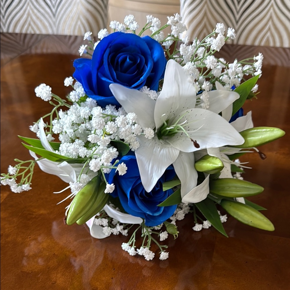 Elegant Blue and White Faux Floral Bouquet